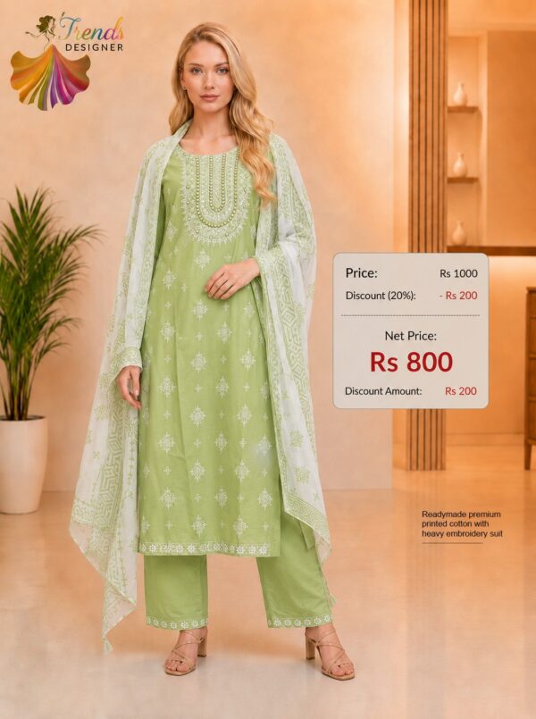 Premium Light Green Printed Cotton Heavy Embroidered Readymade Suit Set with Kurta Pant and Dupatta for Women