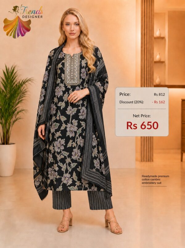 Premium Black Floral Printed Cotton Cambric Embroidered Readymade Suit Set with Kurta Pant and Dupatta for Women