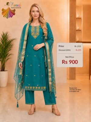 Teal Chanderi Silk Blend Embroidered Readymade Suit Set for Women | Kurta, Pant & Dupatta