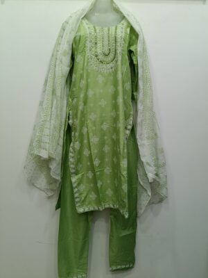 Premium Light Green Printed Cotton Heavy Embroidered Readymade Suit Set with Kurta Pant and Dupatta for Women