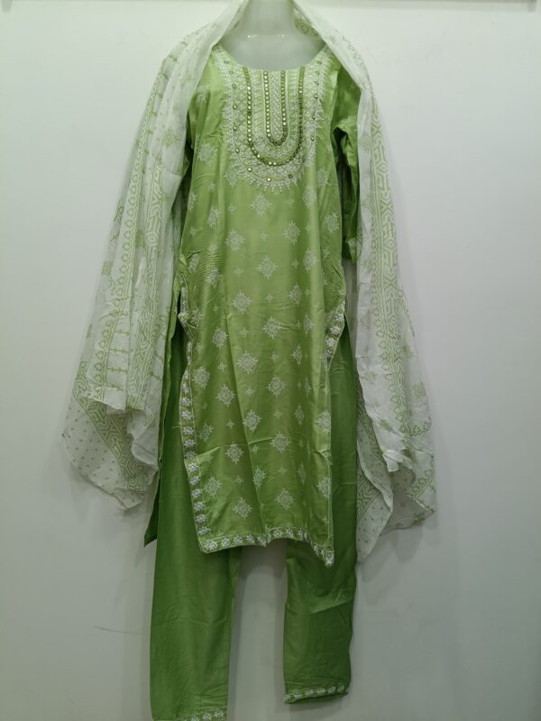 Premium Light Green Printed Cotton Heavy Embroidered Readymade Suit Set with Kurta Pant and Dupatta for Women