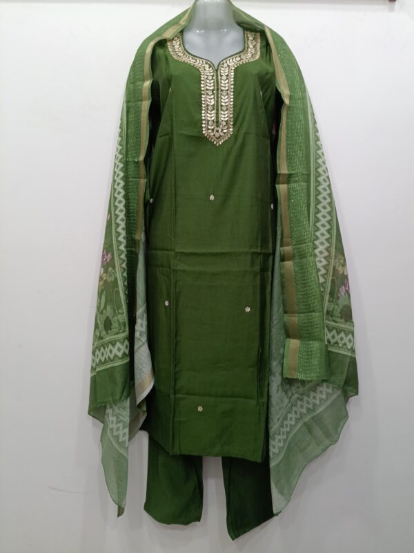 Premium Olive Green Silk Blend Embroidered Readymade Suit Set with Kurta Pant and Dupatta for Women