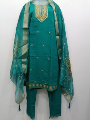 Teal Chanderi Silk Blend Embroidered Readymade Suit Set with Kurta Pant and Dupatta for Women