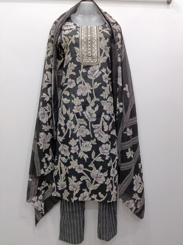 Premium Black Floral Printed Cotton Cambric Embroidered Readymade Suit Set with Kurta Pant and Dupatta for Women