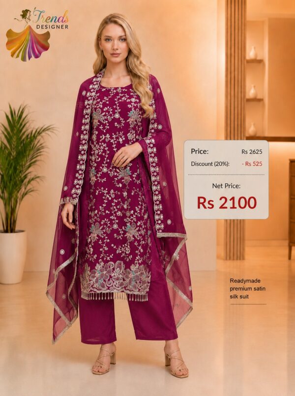Premium Satin Silk Readymade Embroidered Suit Set for Women in Magenta with Organza Dupatta