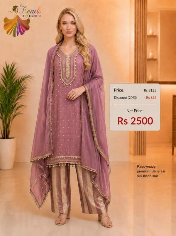 Premium Banarasi Silk Blend Readymade Suit Set for Women in Mauve with Designer Dupatta