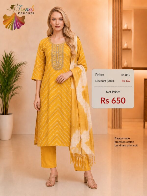 Premium Cotton Bandhani Print Readymade Suit Set for Women in Mustard Yellow with Cotton Dupatta