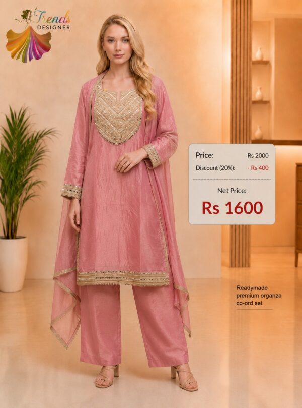 Premium Organza Readymade Co-Ord Set for Women in Pink with Designer Dupatta