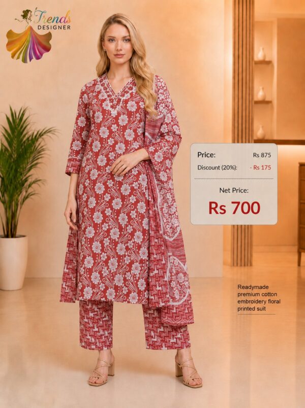 Premium Cotton Embroidery Floral Printed Readymade Suit Set for Women in Rust Red