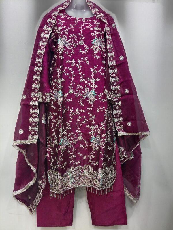 Premium Satin Silk Readymade Embroidered Suit Set for Women in Magenta with Organza Dupatta