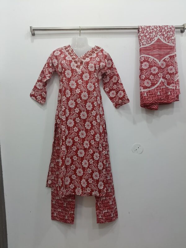 Premium Cotton Embroidery Floral Printed Readymade Suit Set for Women in Rust Red