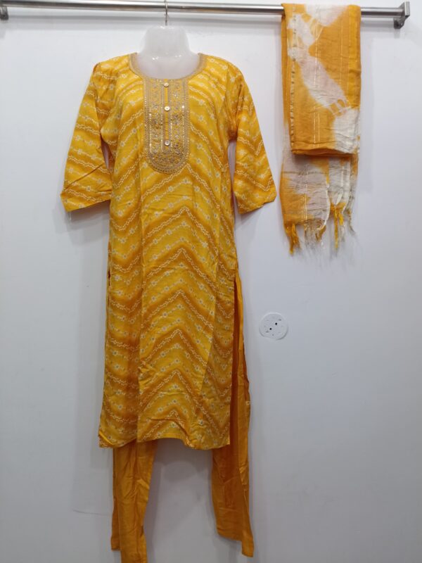 Premium Cotton Bandhani Print Readymade Suit Set for Women in Mustard Yellow with Cotton Dupatta