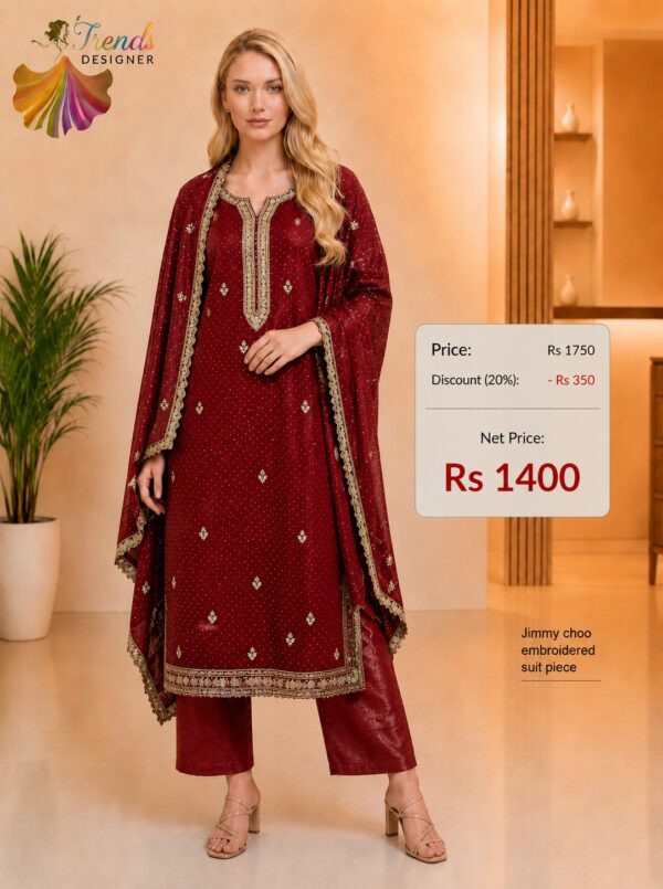 Maroon Jimmy Choo Embroidered Dress Material for Women by Trends Designer