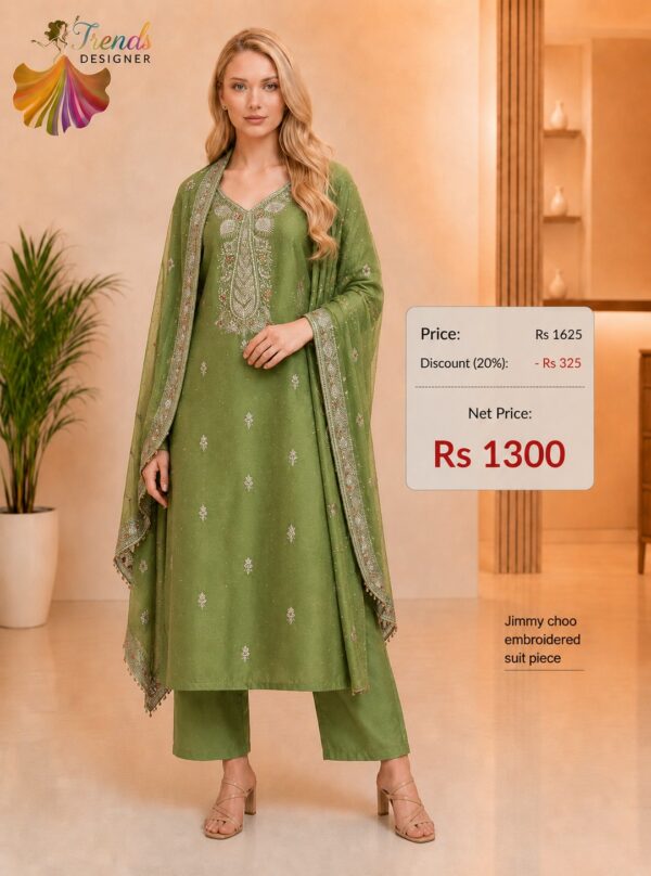 Olive Green Jimmy Choo Embroidered Dress Material for Women by Trends Designer