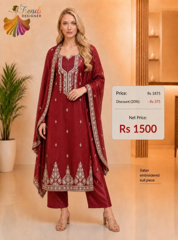 Maroon Satan Embroidered Dress Material for Women by Trends Designer