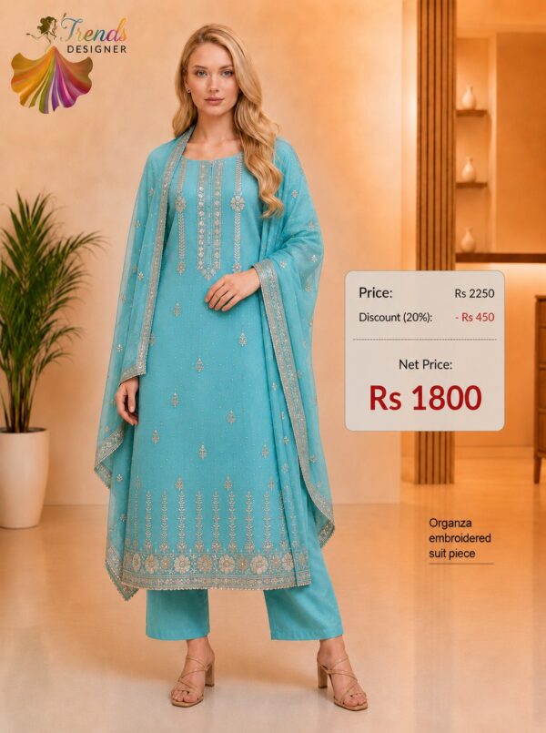 Sky Blue Organza Embroidered Dress Material for Women by Trends Designer