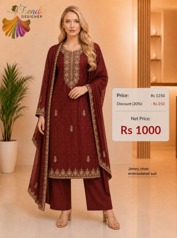 Maroon Jimmy Choo embroidered dress material with matching embroidered dupatta for bridal and wedding wear by Trends Designer Wear.