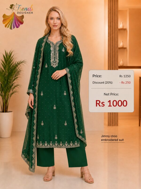 Emerald Green Jimmy Choo embroidered dress material with matching embroidered dupatta for bridal and wedding wear by Trends Designer Wear.