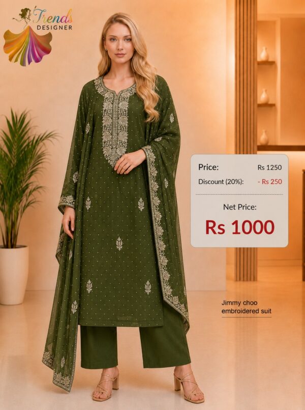 Woman wearing olive green Jimmy Choo embroidered dress material with matching embroidered dupatta from Trends Designer Wear.