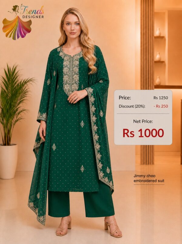 Teal Green Jimmy Choo embroidered dress material with matching embroidered dupatta for bridal and wedding wear by Trends Designer Wear.