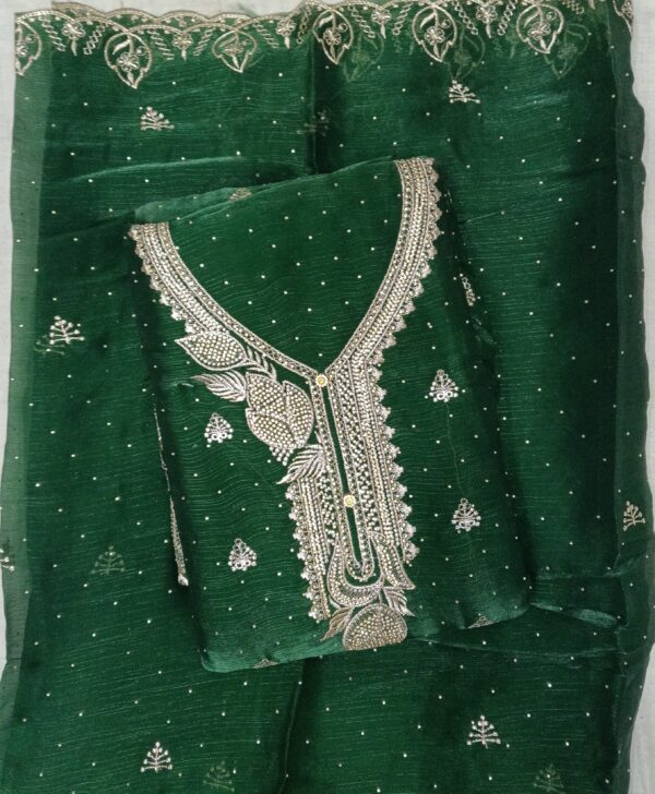 Emerald Green Jimmy Choo embroidered dress material with matching embroidered dupatta for bridal and wedding wear by Trends Designer Wear