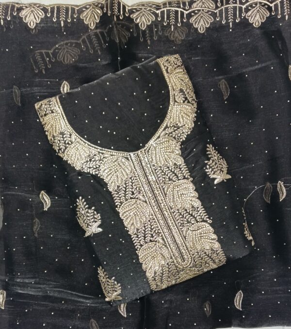 Black Jimmy Choo embroidered dress material with matching embroidered dupatta from Trends Designer Wear.