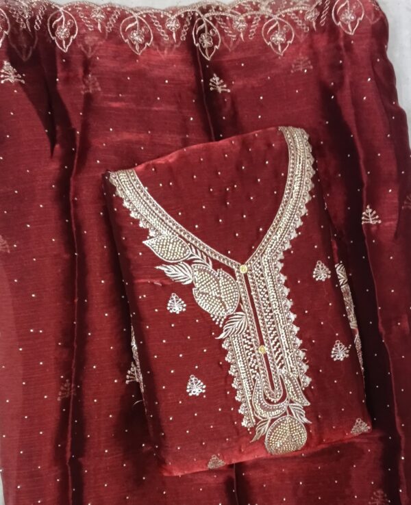 Maroon Jimmy Choo embroidered dress material with matching embroidered dupatta for bridal and wedding wear by Trends Designer Wear