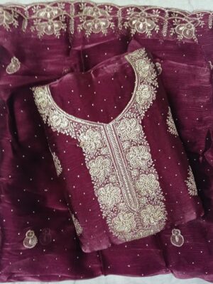 Purple Jimmy Choo embroidered dress material with matching embroidered dupatta for bridal and wedding wear by Trends Designer Wear.