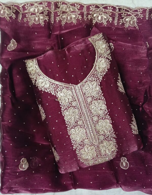 Purple Jimmy Choo embroidered dress material with matching embroidered dupatta for bridal and wedding wear by Trends Designer Wear.
