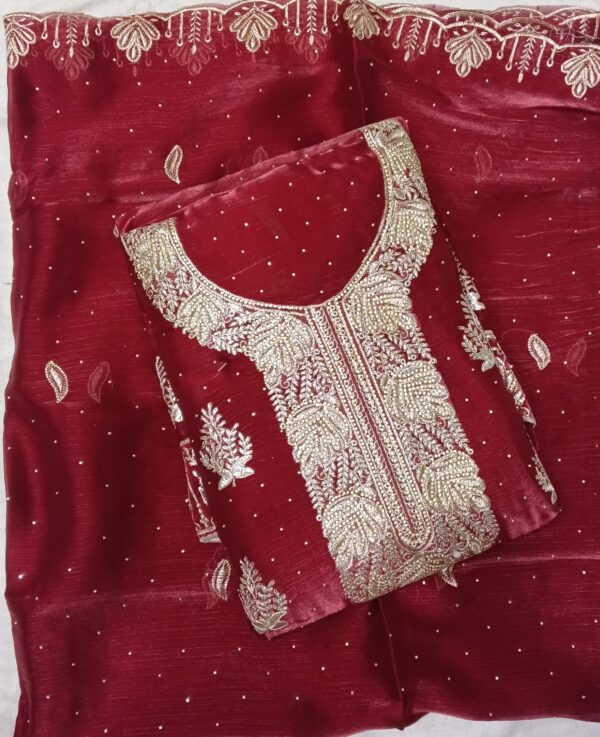Maroon Red Jimmy Choo embroidered dress material with matching embroidered dupatta for bridal and wedding wear by Trends Designer Wear.