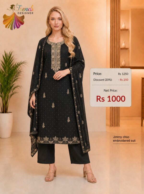 Black Jimmy Choo embroidered dress material with matching embroidered dupatta from Trends Designer Wear