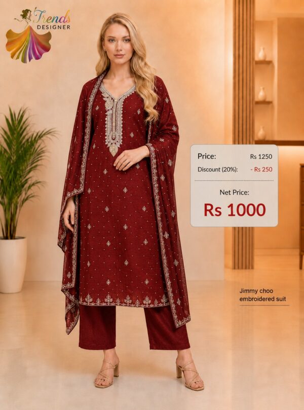 Maroon Red Jimmy Choo embroidered dress material with matching embroidered dupatta for bridal and wedding wear by Trends Designer Wear.