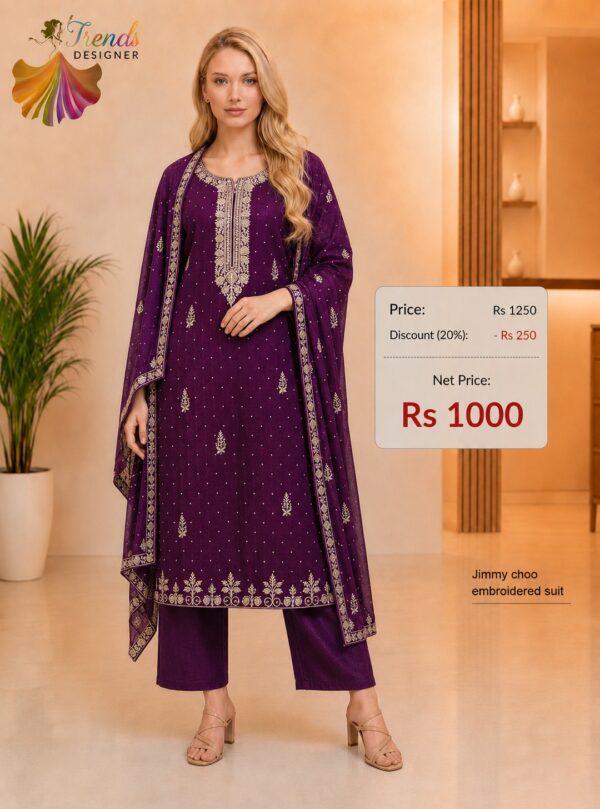 Royal Purple Jimmy Choo embroidered dress material with matching embroidered dupatta from Trends Designer Wear.