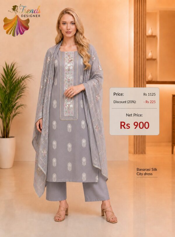 Grey Banarasi Silk City dress material with embroidered neckline and matching designer dupatta