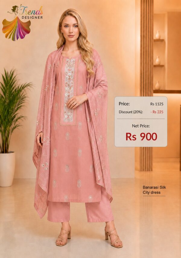 Elegant Pink Banarasi Silk City Dress Material with Embroidered Neck and Matching Dupatta