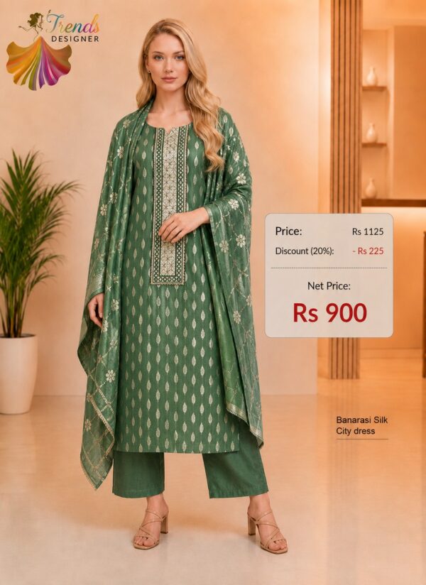 Dark Green Banarasi Silk City dress material with designer woven neckline and matching dupatta