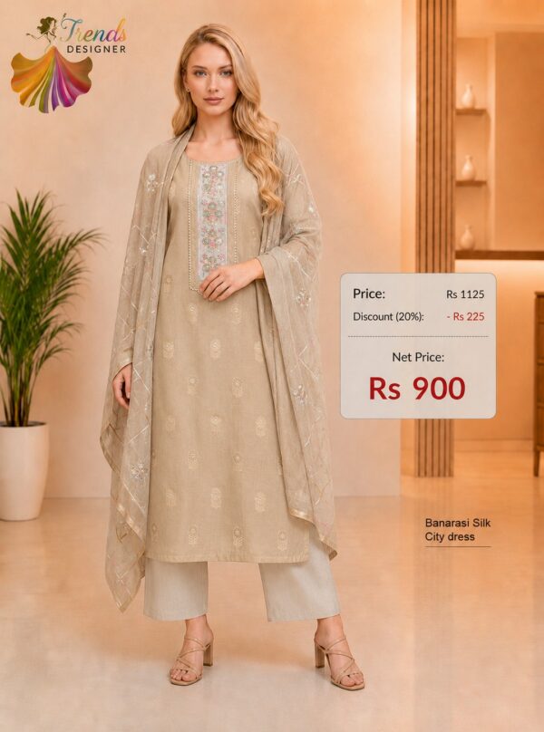 Beige Banarasi Silk City dress material with embroidered neckline and matching designer dupatta
