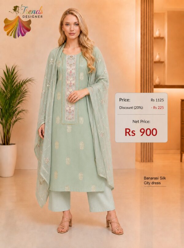 Mint Green Banarasi Silk City dress material with embroidered neckline and matching designer dupatta