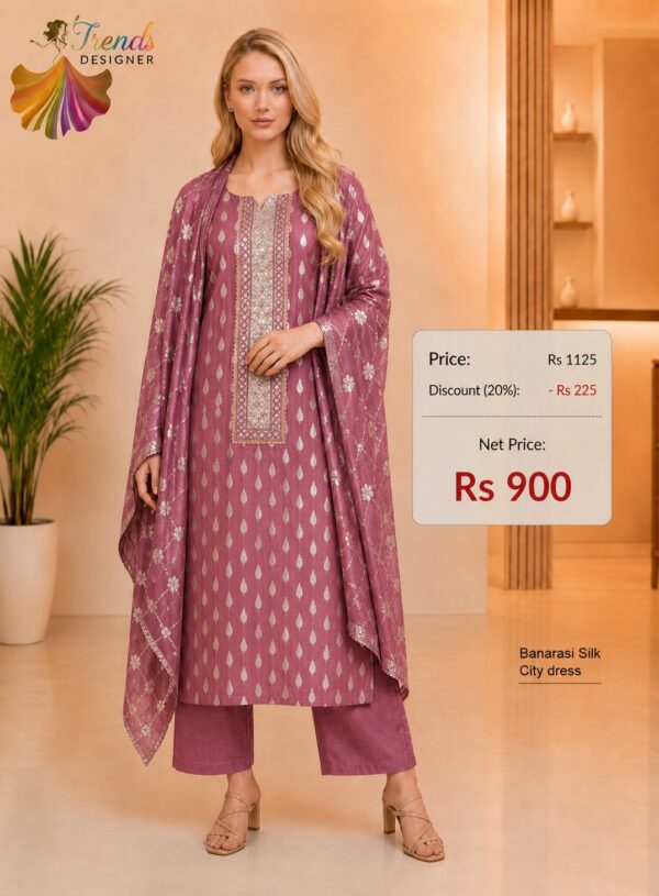 Dusty Rose Banarasi Silk City dress material with designer woven neckline and matching dupatta