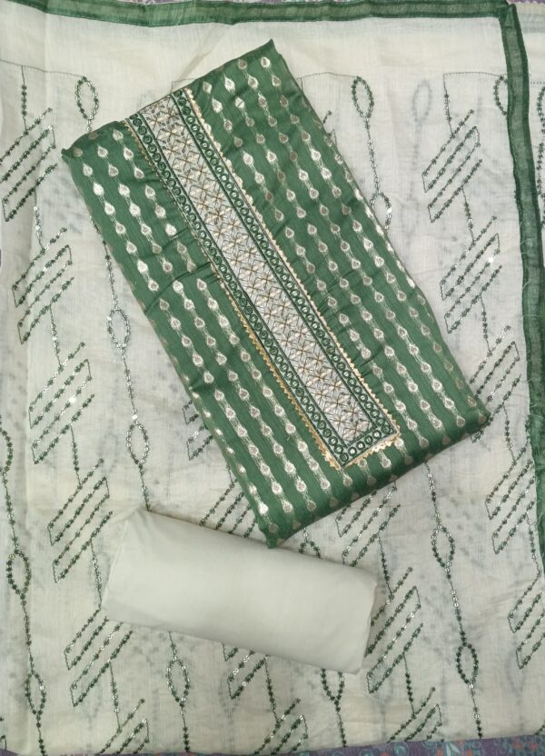 Dark Green Banarasi Silk City dress material with designer woven neckline and matching dupatta