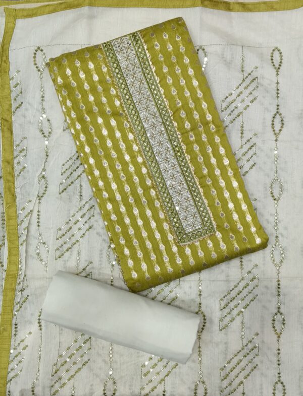 Olive Green Banarasi Silk City dress material with matching dupatta and woven designer neckline
