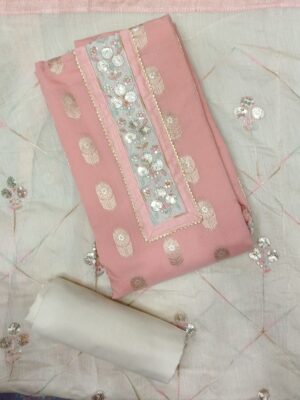 Elegant Pink Banarasi Silk City Dress Material with Embroidered Neck and Matching Dupatta