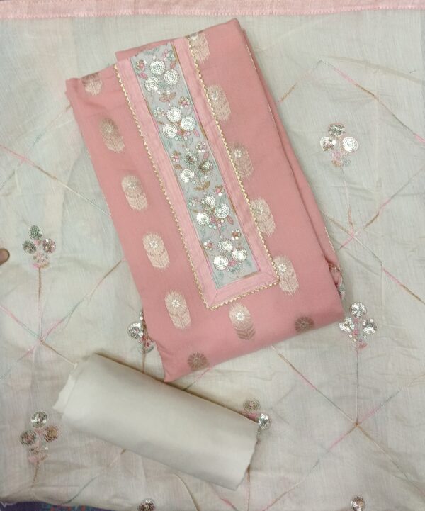Elegant Pink Banarasi Silk City Dress Material with Embroidered Neck and Matching Dupatta