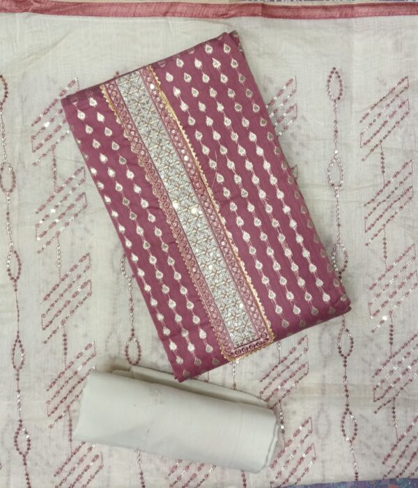 : Dusty Rose Banarasi Silk City dress material with designer woven neckline and matching dupatta