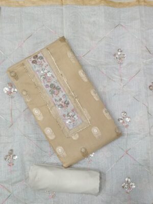 : Beige Banarasi Silk City dress material with embroidered neckline and matching designer dupatta