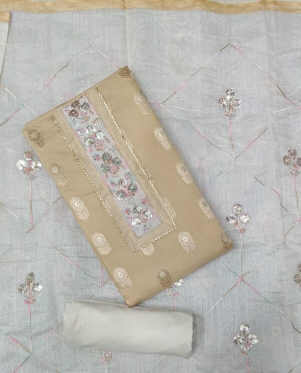 : Beige Banarasi Silk City dress material with embroidered neckline and matching designer dupatta