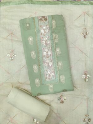 : Mint Green Banarasi Silk City dress material with embroidered neckline and matching designer dupatta