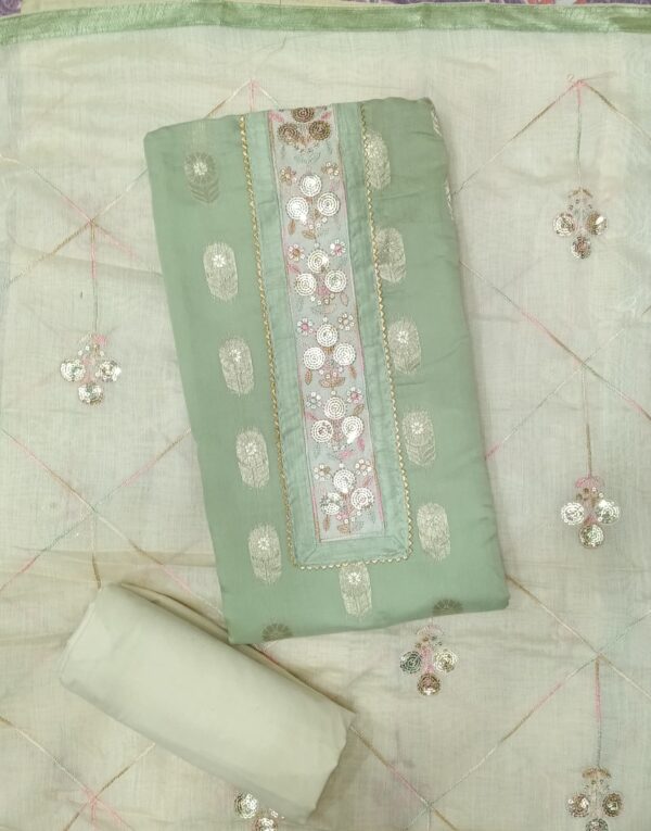 : Mint Green Banarasi Silk City dress material with embroidered neckline and matching designer dupatta