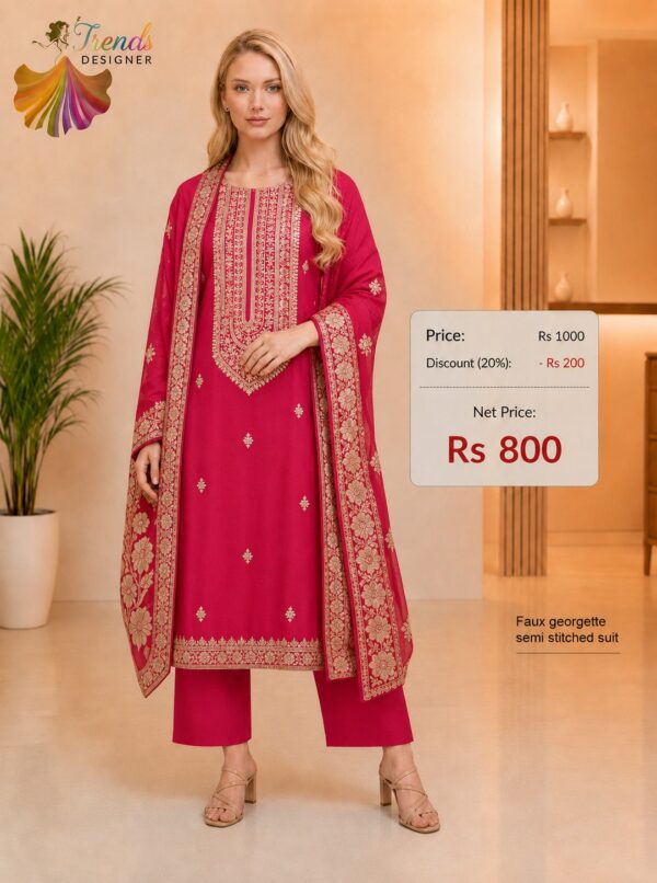 Magenta Faux Georgette Semi Stitched Dress Material with Embroidered Dupatta by Trends Designer Wear