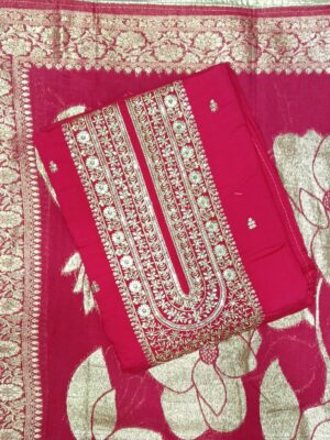 Magenta Faux Georgette Semi Stitched Dress Material with Embroidered Dupatta by Trends Designer Wear